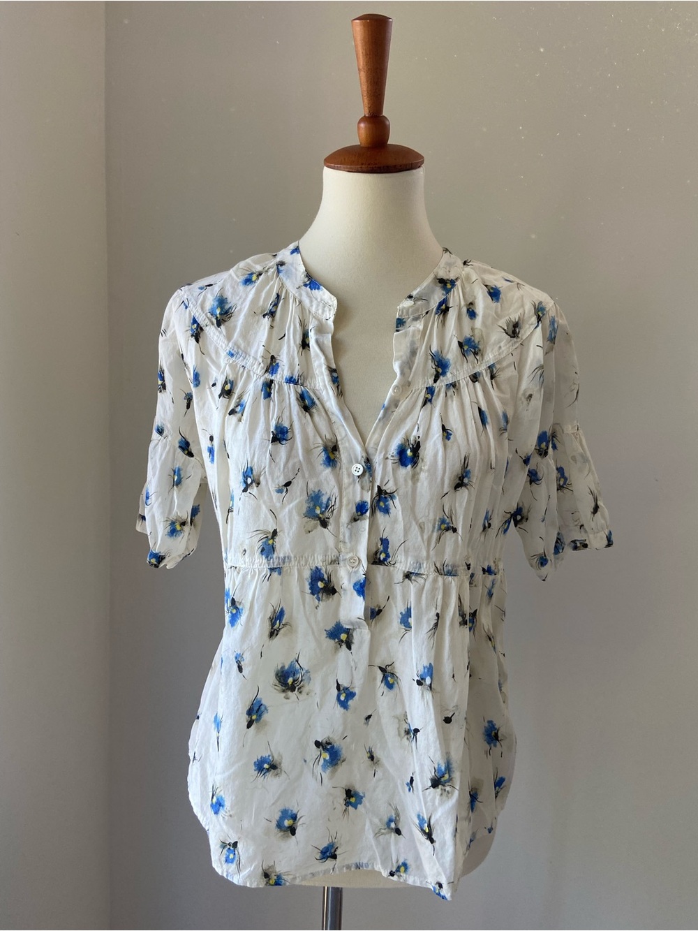 White Floral Button-Front Women’s Cotton/Silk Blouse with Blue Flower Print